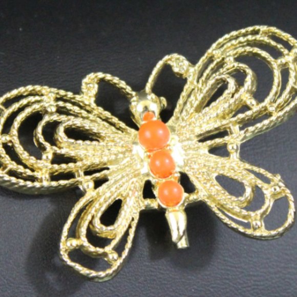 VTG butterfly brooch signed Gerrys goldtone with coral beads - Picture 3 of 8